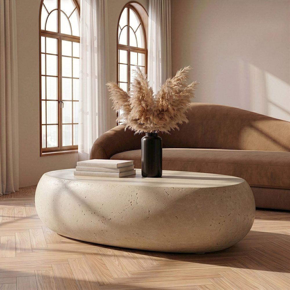 Denny - Modern Beige Fiberform Large Oval Coffee Table. Picture 2