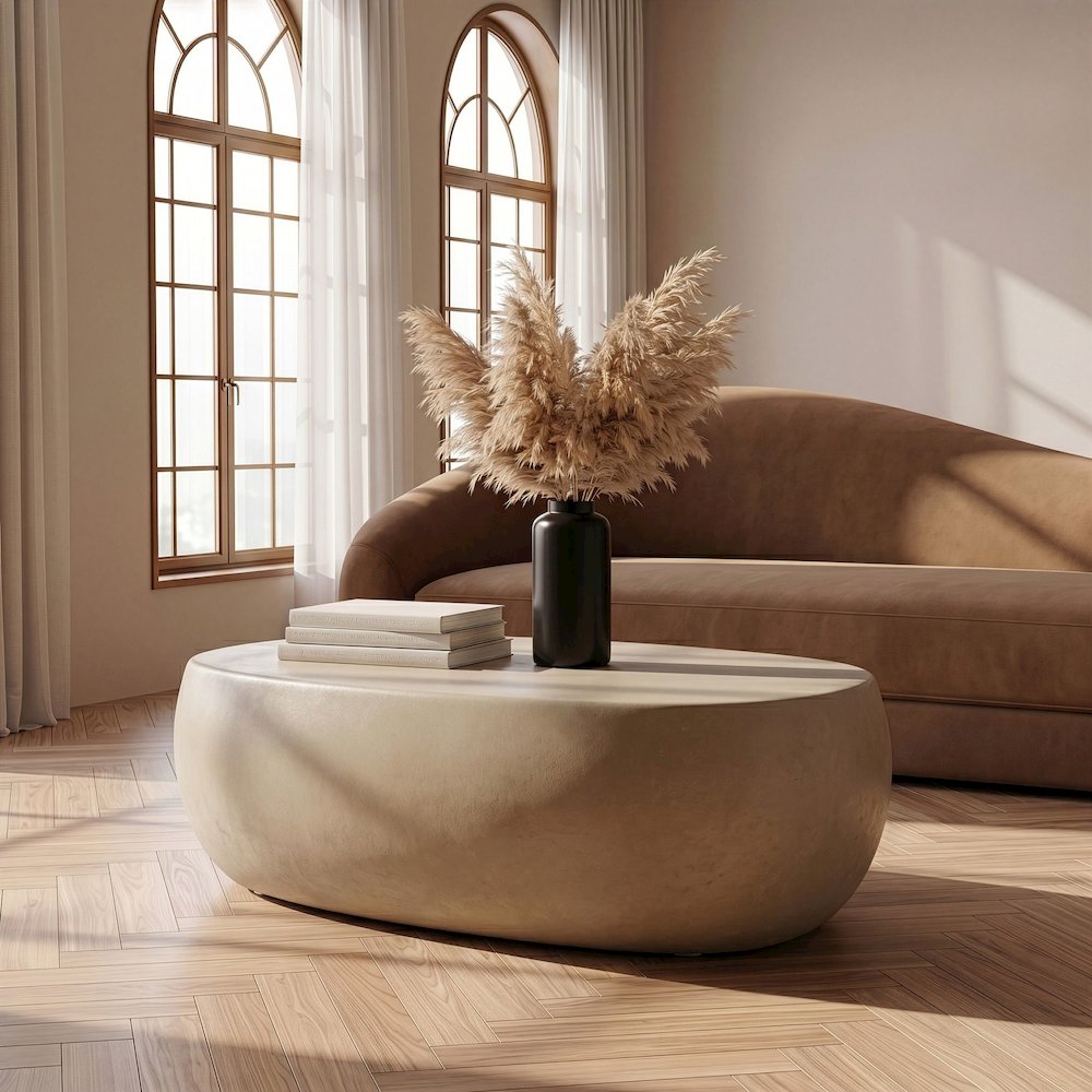 Denny - Modern Beige Fiberform Oval Coffee Table. Picture 2