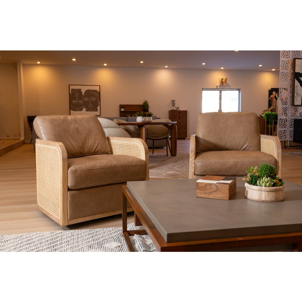 Divani Casa Danson - Modern Tan Leather + Wicker Swivel Accent Chair. Picture 10