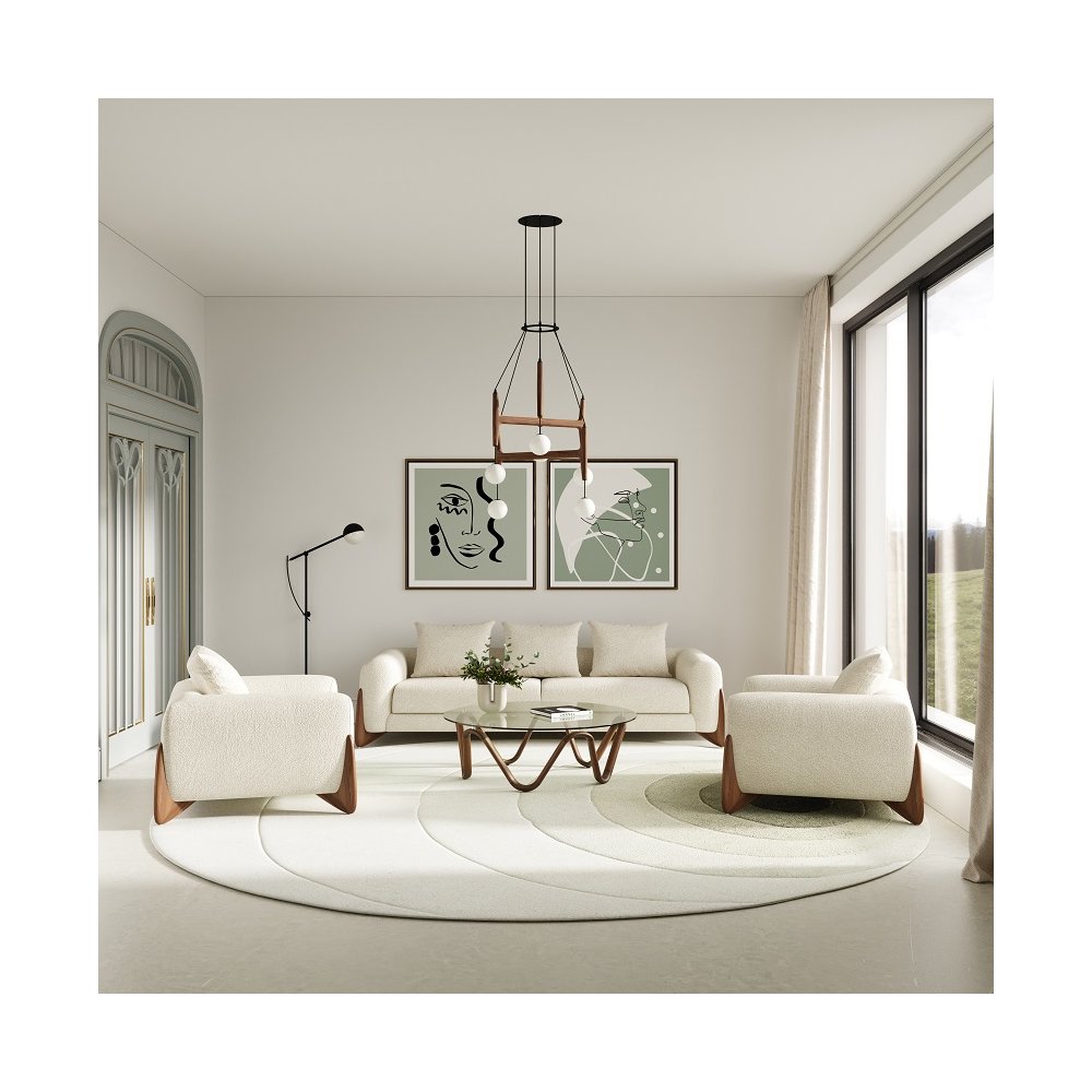 Modrest Fleury - Contemporary Cream Fabric and Walnut Lounge Chair. Picture 3