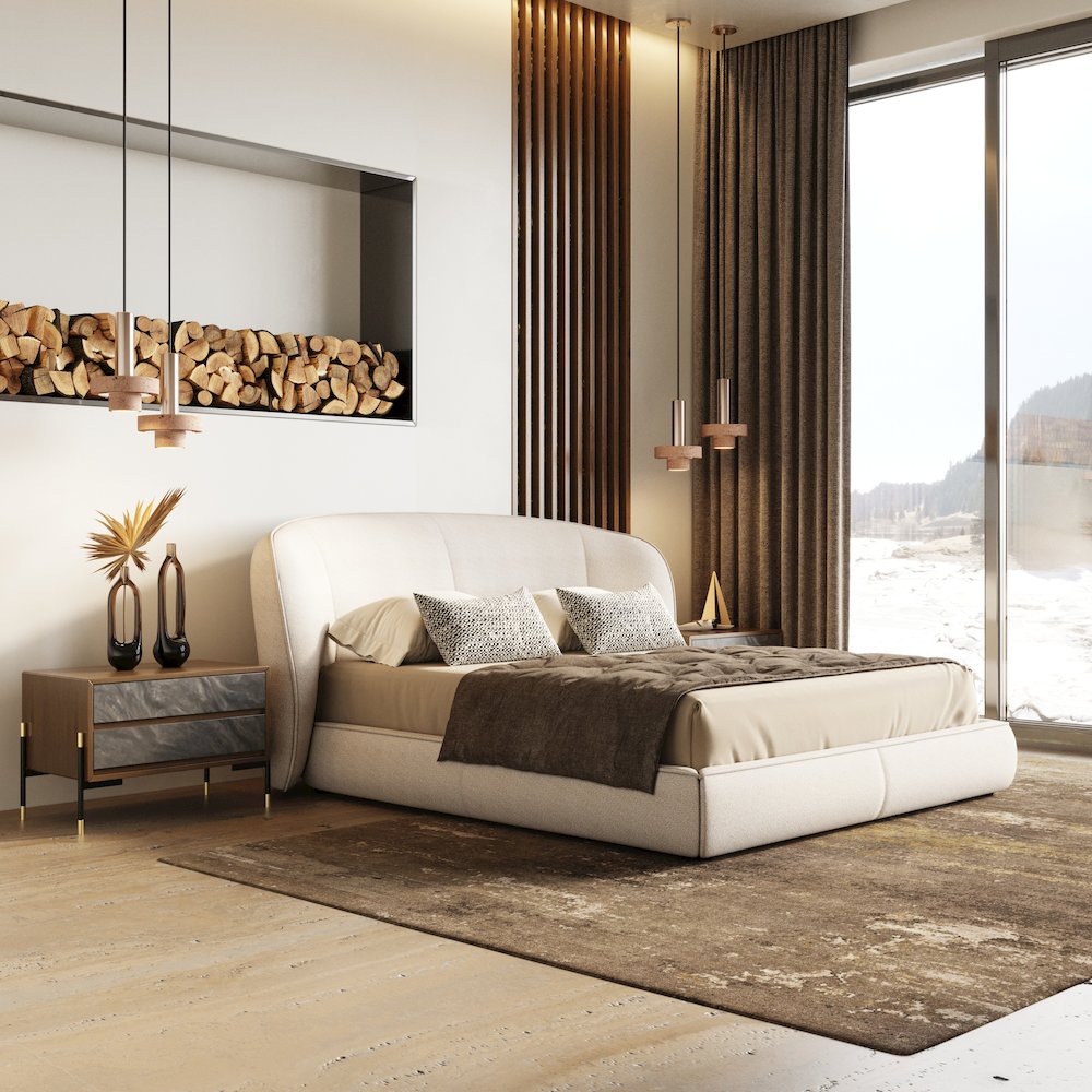 Modrest Lambert - Queen Modern Beige Upholstered Bed. Picture 7