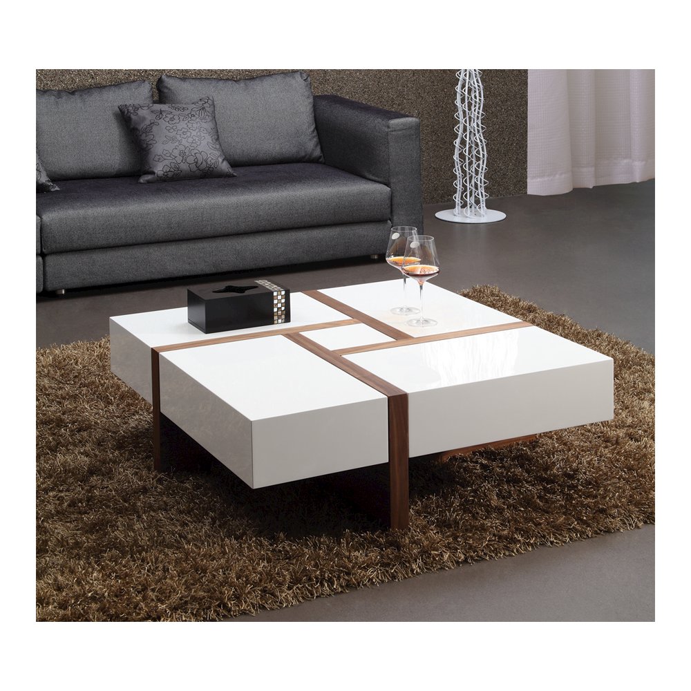 Modrest Makai Modern White & Walnut Square Coffee Table. Picture 5
