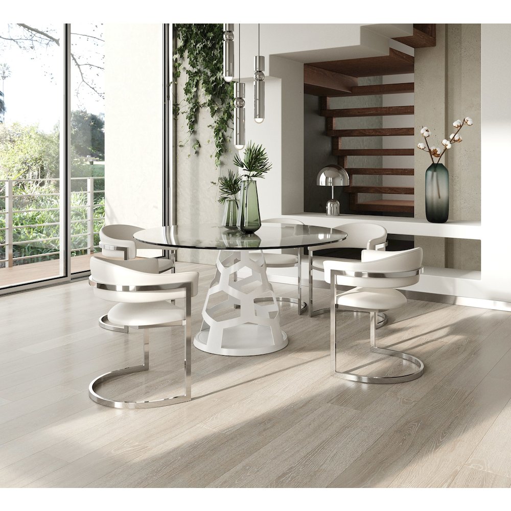 Modrest Lilly - Modern 12mm Round Glass + White Dining Table. Picture 6