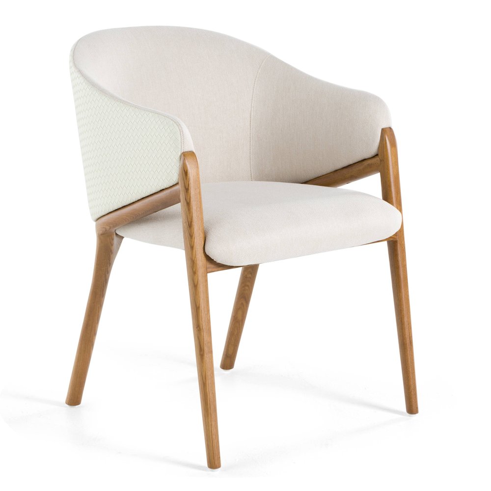 Modrest Lunde Cream Fabric and Walnut Arm Dining Chair. Picture 1