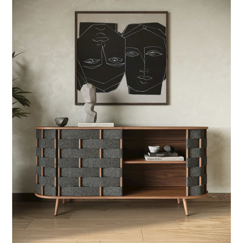 Modrest Sheridan - Mid-Century Modern Grey Fabric + Walnut Buffet. Picture 9