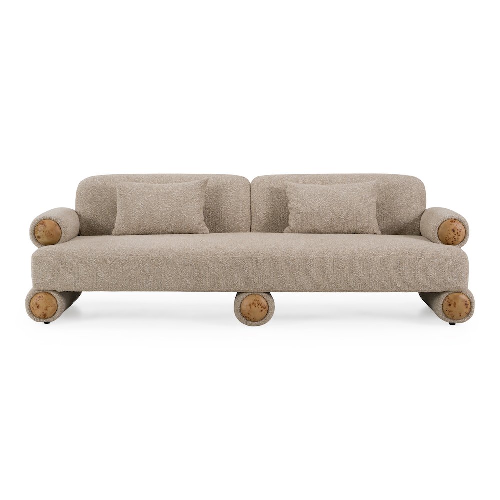 Odette - Modern Beige Fabric + White Burl Sofa. Picture 1