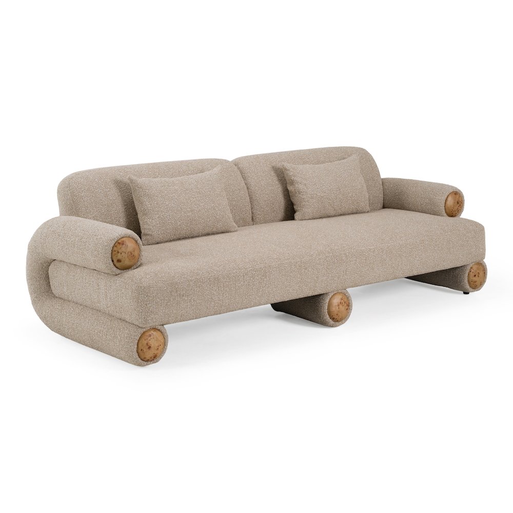 Odette - Modern Beige Fabric + White Burl Sofa. Picture 5