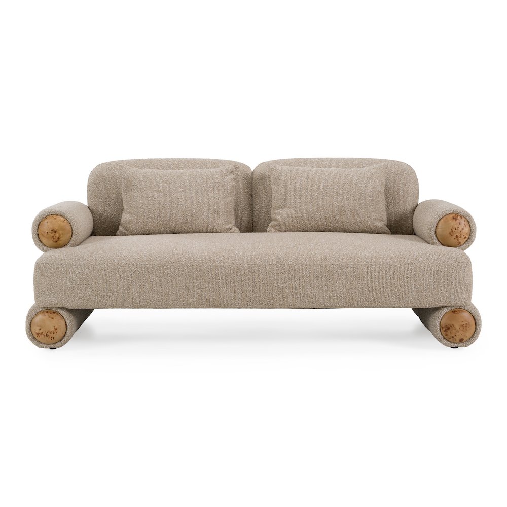 Odette - Modern Beige Fabric + White Burl Loveseat Sofa. Picture 1
