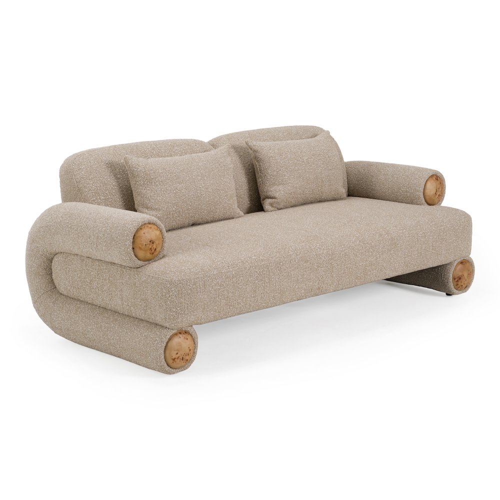 Odette - Modern Beige Fabric + White Burl Loveseat Sofa. Picture 2