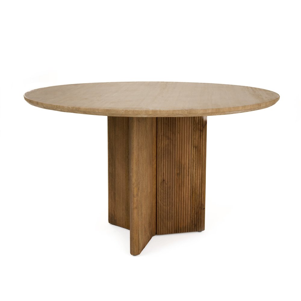 Pawnee - Modern Travertine Marble Wood Round Dining Table. Picture 2