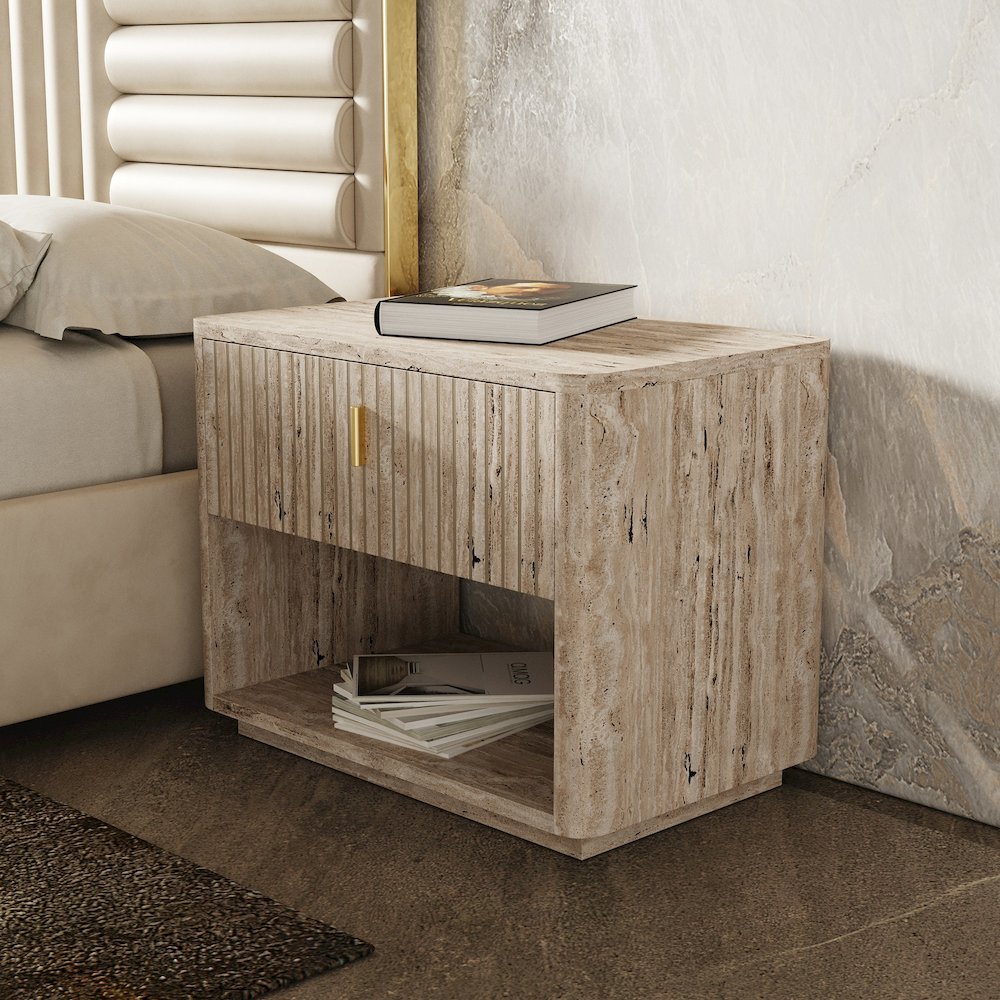 Nova Domus Roma - Modern Faux Travertine + Gold Nightstand. Picture 2
