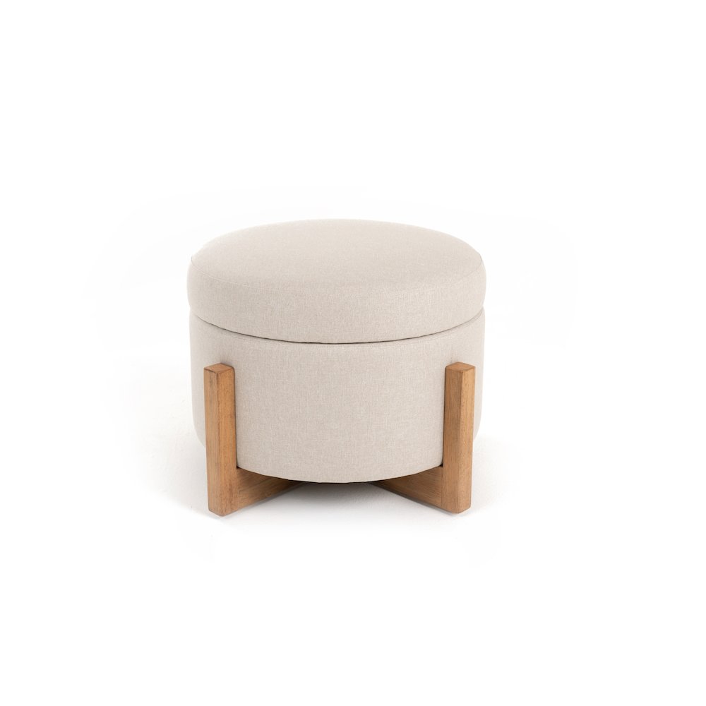 Modrest Sada - Mid-Century Modern Beige Linen + Chestnut Round Ottoman. Picture 1