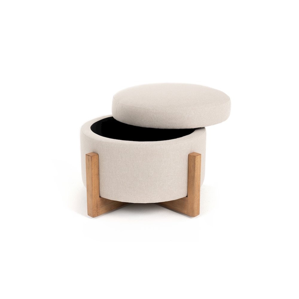 Modrest Sada - Mid-Century Modern Beige Linen + Chestnut Round Ottoman. Picture 2