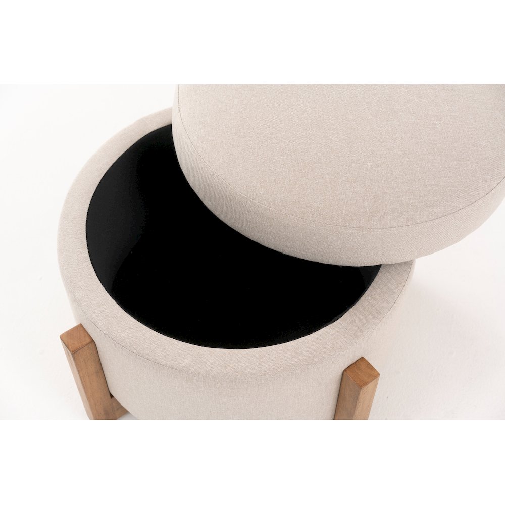 Modrest Sada - Mid-Century Modern Beige Linen + Chestnut Round Ottoman. Picture 3