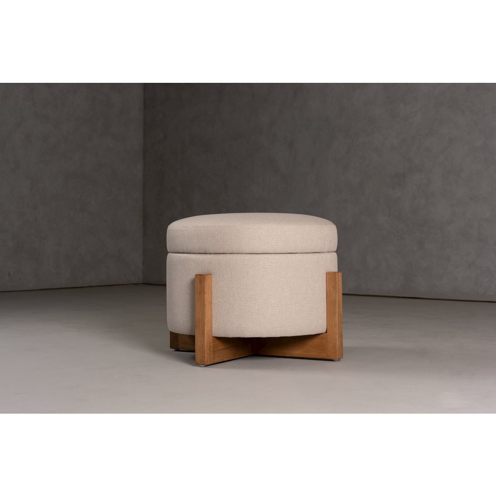 Modrest Sada - Mid-Century Modern Beige Linen + Chestnut Round Ottoman. Picture 5