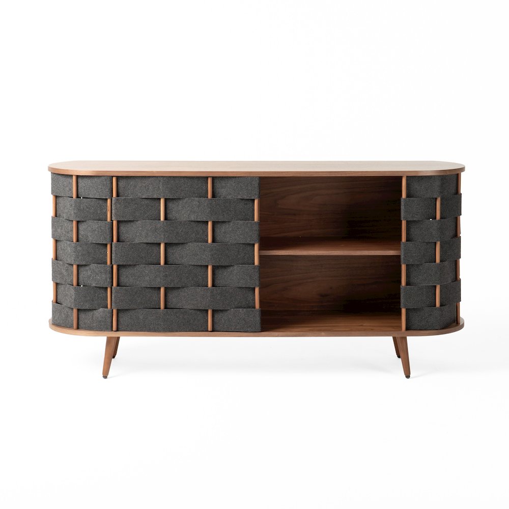 Modrest Sheridan - Mid-Century Modern Grey Fabric + Walnut Buffet. Picture 1