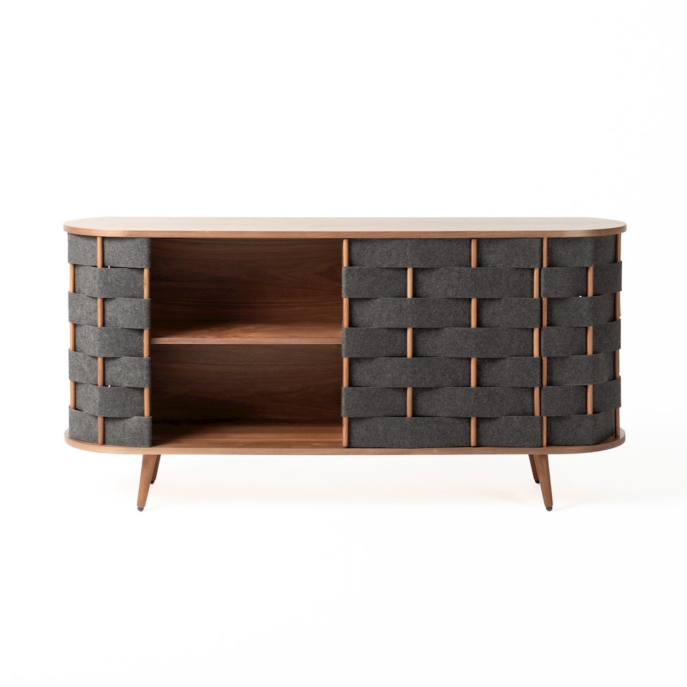 Modrest Sheridan - Mid-Century Modern Grey Fabric + Walnut Buffet. Picture 3