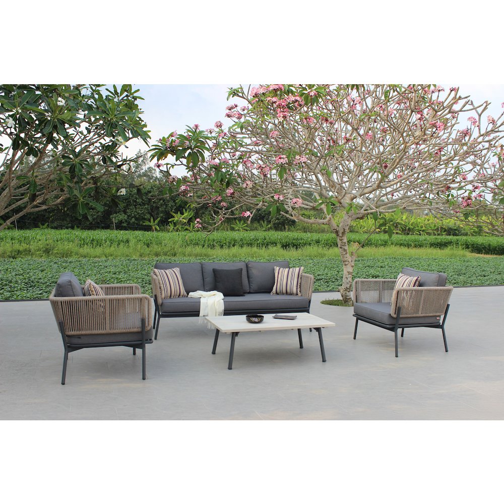 Renava Suntide - Outdoor Grey Fabric + Beige Rattan + Grey Acacia Sofa Set. Picture 1