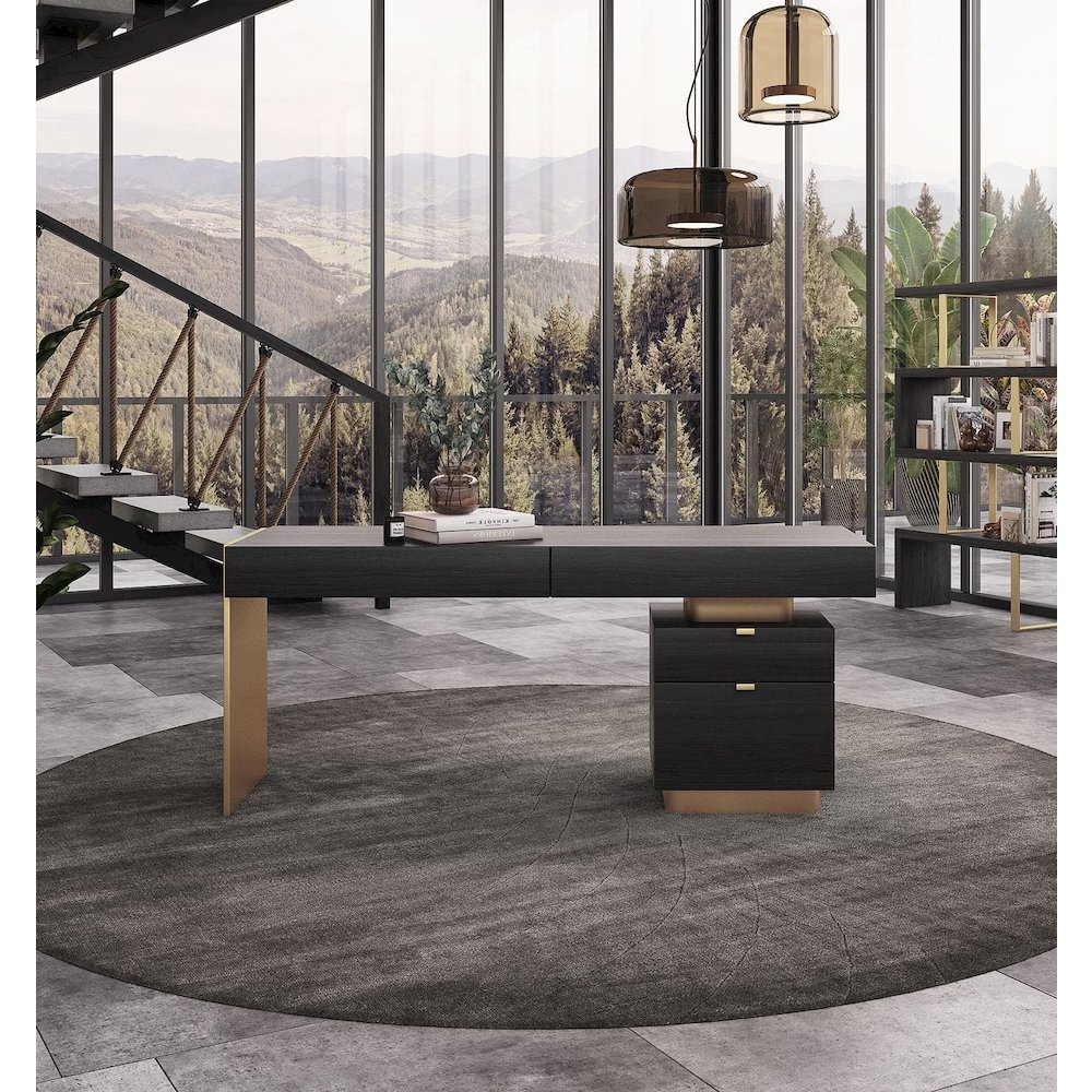 Modrest Trahan - Modern Grey Elm & Gold Office Desk. Picture 4