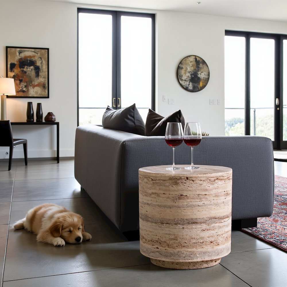 Round Faux Travertine Side Table, Gray Stone Finish Unique End Table. Picture 2