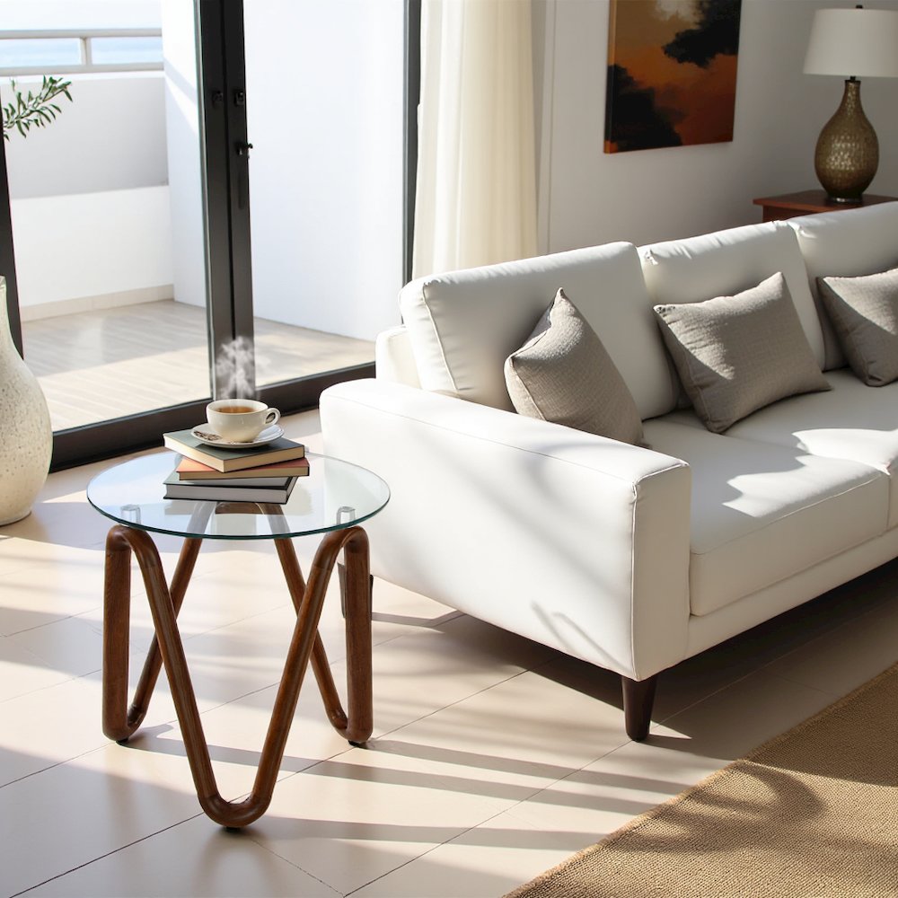 Round Glass End Table With Walnut Base, Solid Wood Side Accent Table. Picture 2