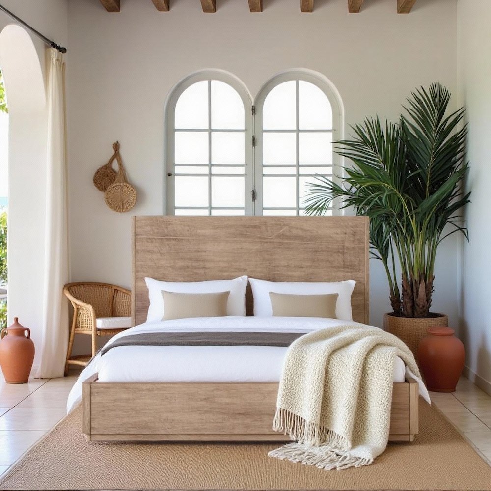 California King Natural Oak Wood Bed Frame, Boho Bed Frame With Headboard. Picture 2