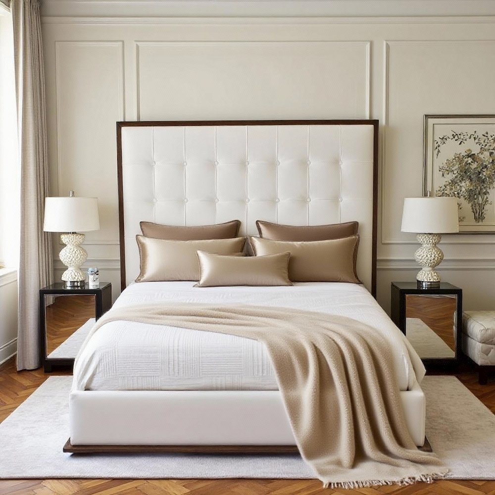 White Faux Leather King Bed Frame, Low Profile Bed Frame With Walnut Finish. Picture 3