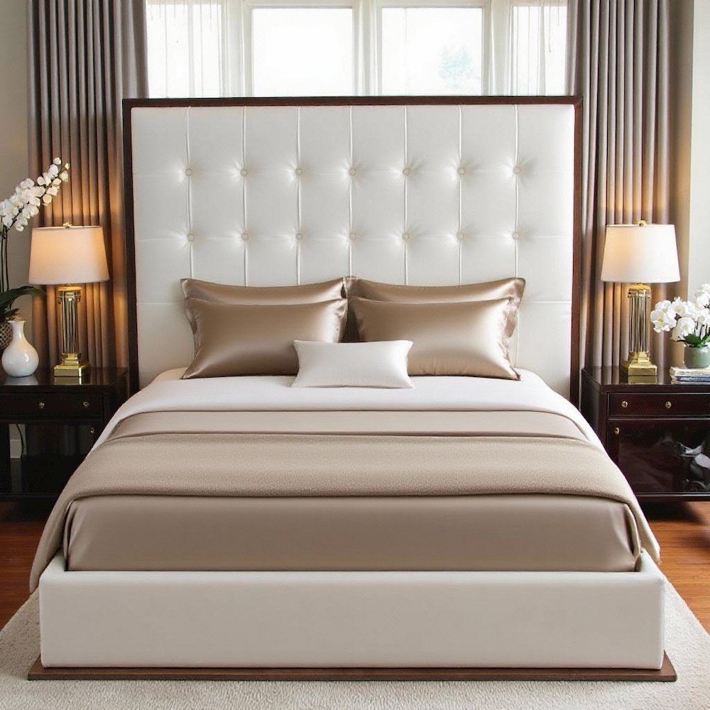 White Faux Leather King Bed Frame, Low Profile Bed Frame With Walnut Finish. Picture 2