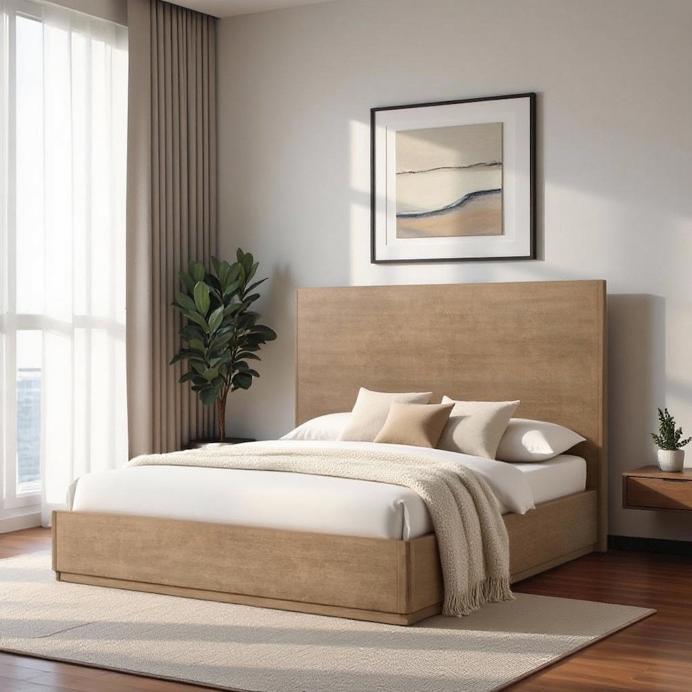 California King Natural Oak Wood Bed Frame, Boho Bed Frame With Headboard. Picture 3