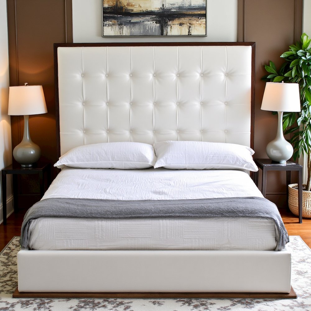California King Bed Frame, White Faux Leather Low Profile Bed With Walnut. Picture 2