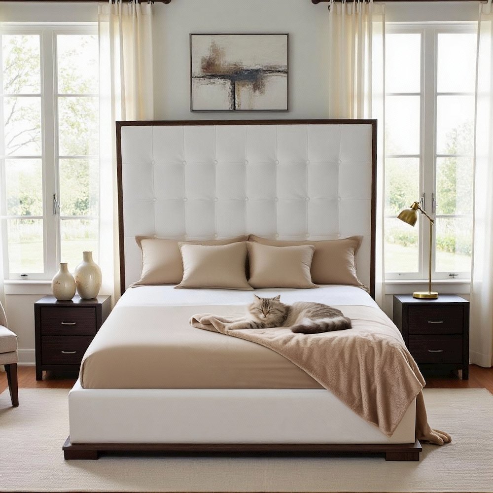 California King Bed Frame, White Faux Leather Low Profile Bed With Walnut. Picture 3