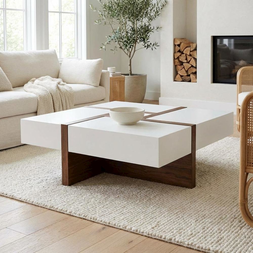 White Square Coffee Table with Walnut Veneer and MDF Construction, Single Piece. Picture 3
