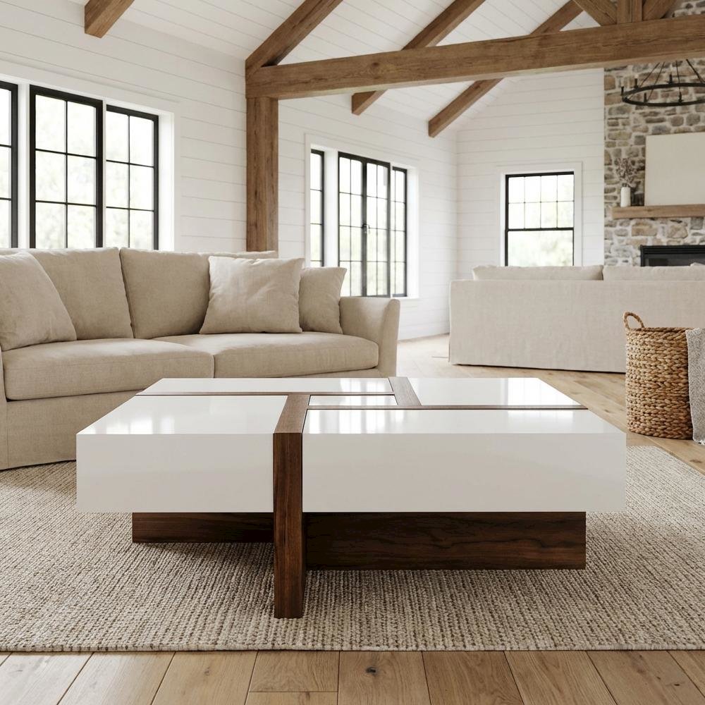 White Square Coffee Table with Walnut Veneer and MDF Construction, Single Piece. Picture 2