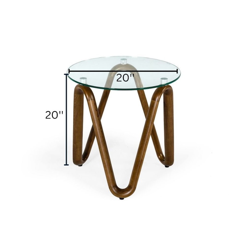 Round Glass End Table With Walnut Base, Solid Wood Side Accent Table. Picture 6