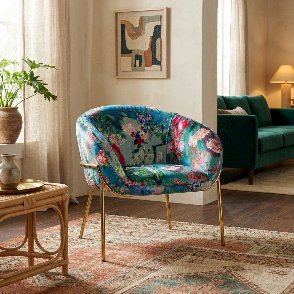 Velvet and Gold Accent Chair with Contemporary Floral Design for Lounge Area. Picture 2