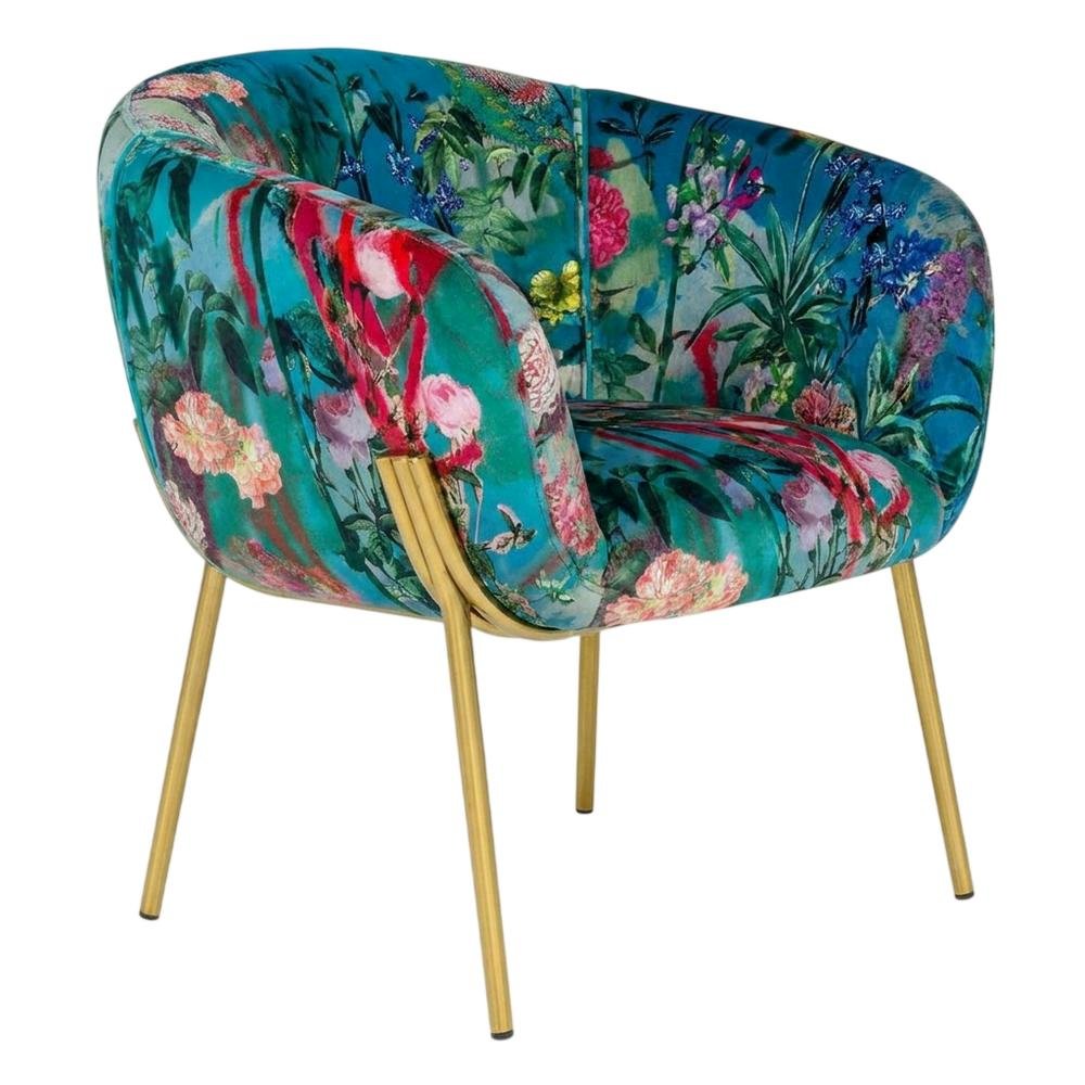Velvet and Gold Accent Chair with Contemporary Floral Design for Lounge Area. Picture 1
