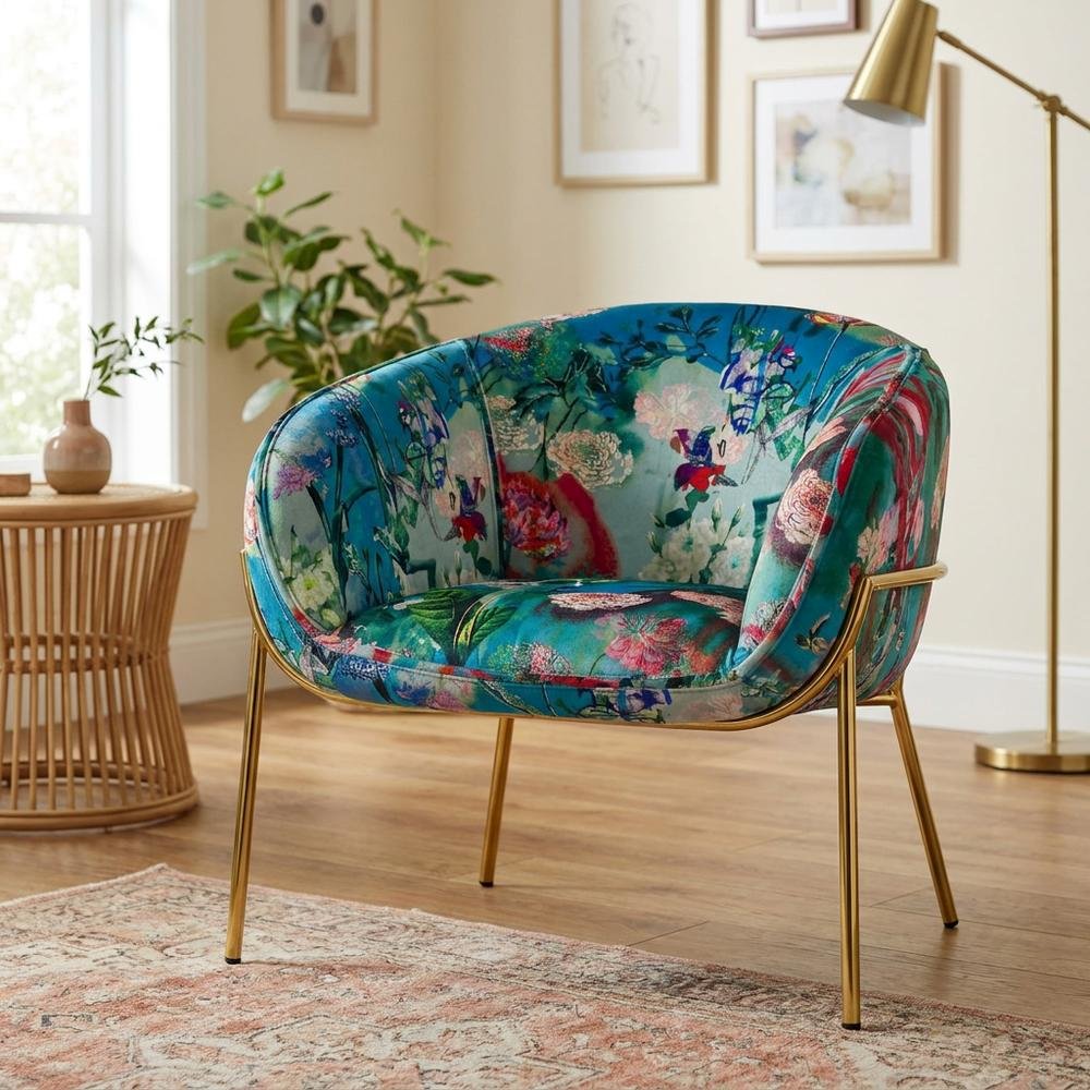 Velvet and Gold Accent Chair with Contemporary Floral Design for Lounge Area. Picture 3