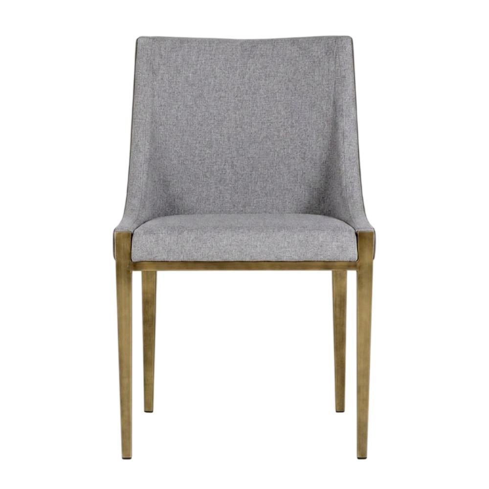 Modern grey and brass dining chair with padded seat and sleek design. Picture 5