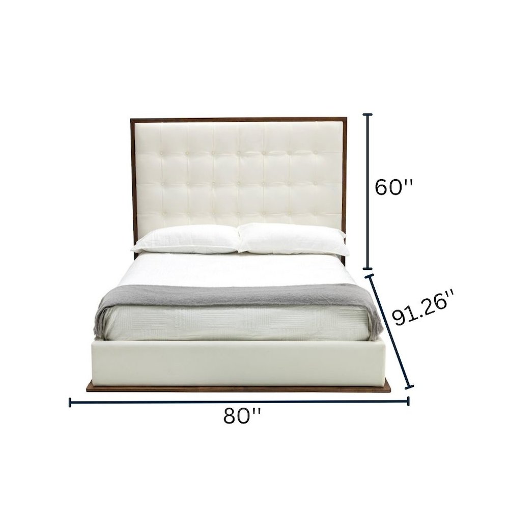 California King Bed Frame, White Faux Leather Low Profile Bed With Walnut. Picture 6