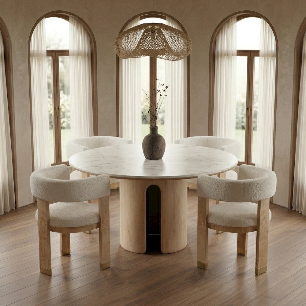 Zorhan - Modern White Marble + Mango Round Dining Table. Picture 3