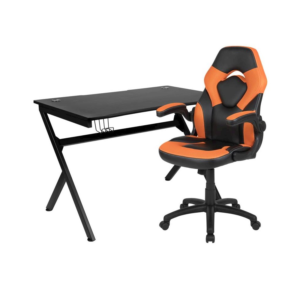 Black Gaming Desk and Orange/Black Racing Chair Set with Cup Holder, Headphone Hook & 2 Wire Management Holes. Picture 1