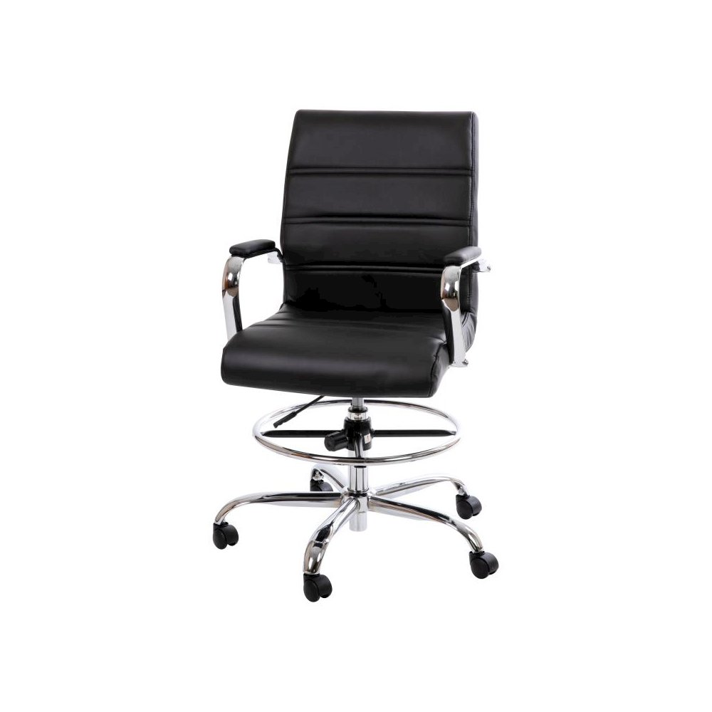 Mid-Back Black LeatherSoft Drafting Chair with Adjustable Foot Ring and Chrome Base. Picture 1