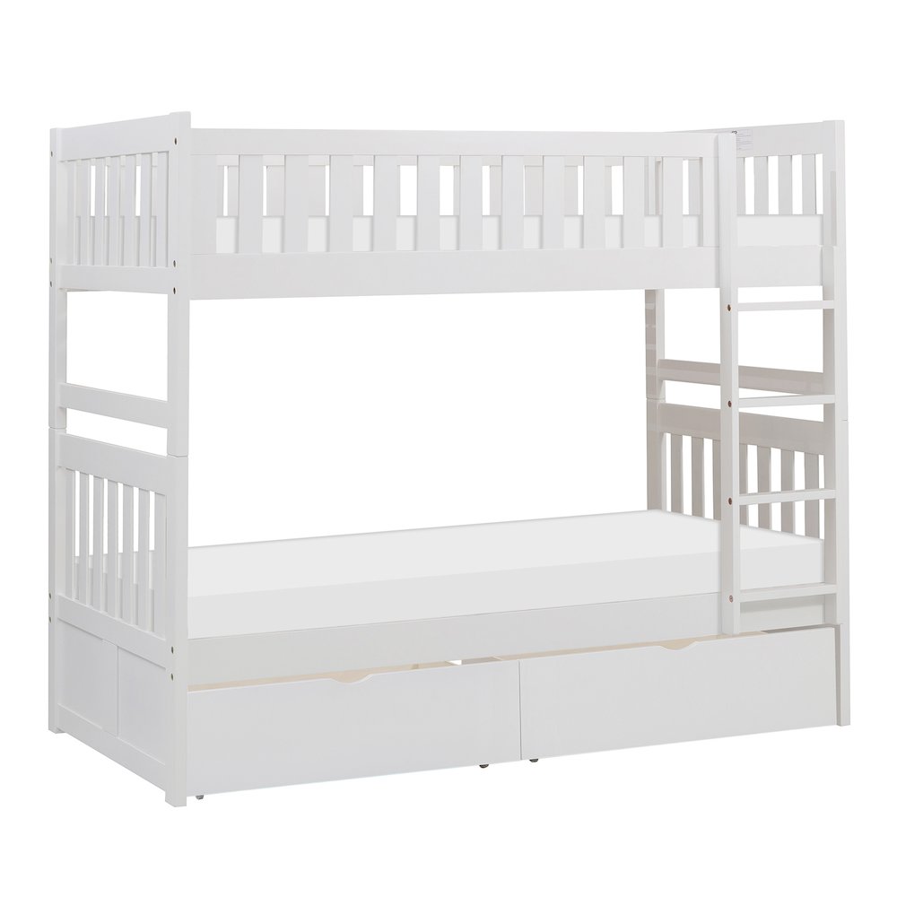 Galen Pine Twin Over Twin Bunk Bed with Storage Boxes in White. Picture 1