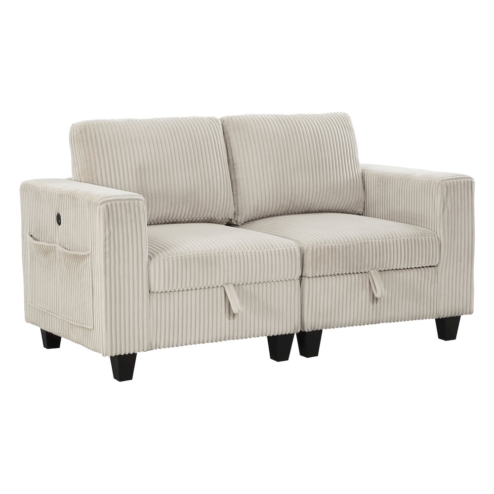 Walterboro Corduroy Love Seat with Storage, Storage Pouches in Beige. Picture 1