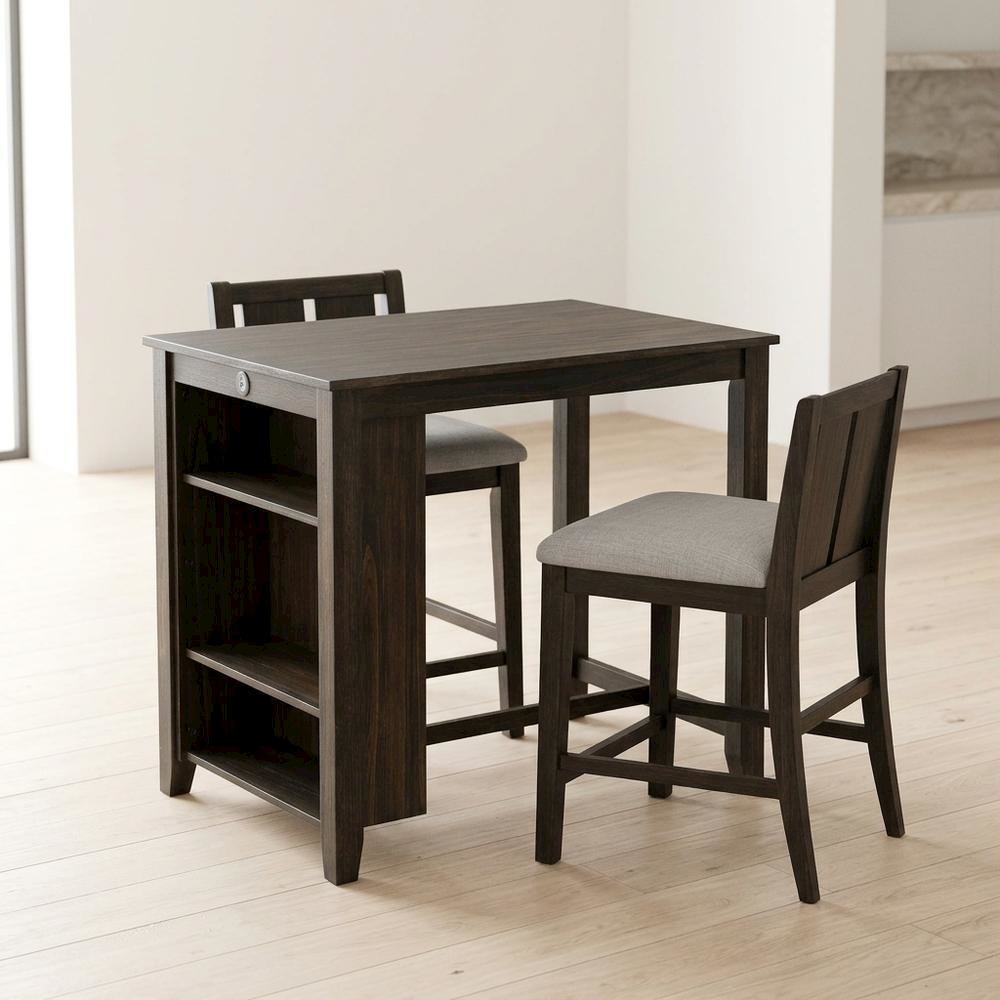 Wood Veneer Counter Height Dining Table Set with Bar Stools, Brown, Set of 3. Picture 5