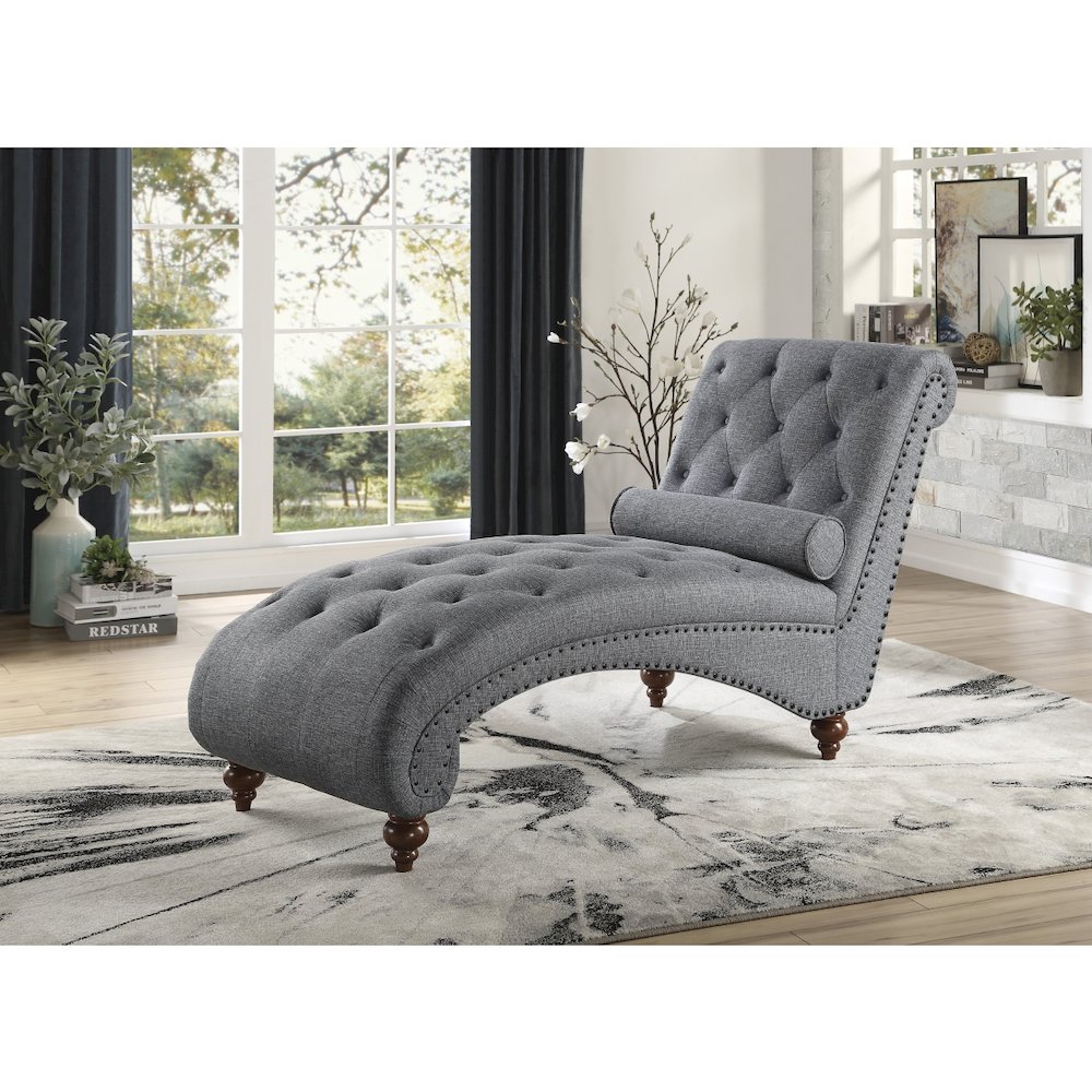 Lexicon Bonne Textured Fabric Chaise with 1 Bolster Pillow in Dark Gray. Picture 2