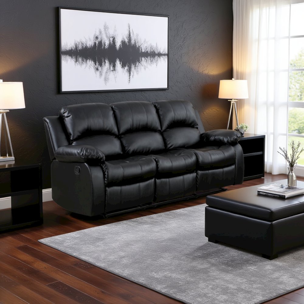 Black Leather Recliner Sofa, Elegant Sofa Recliner for Living Rooms. Picture 2