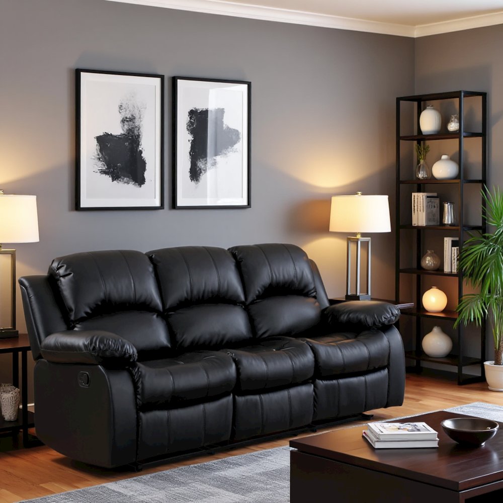 Black Leather Recliner Sofa, Elegant Sofa Recliner for Living Rooms. Picture 3