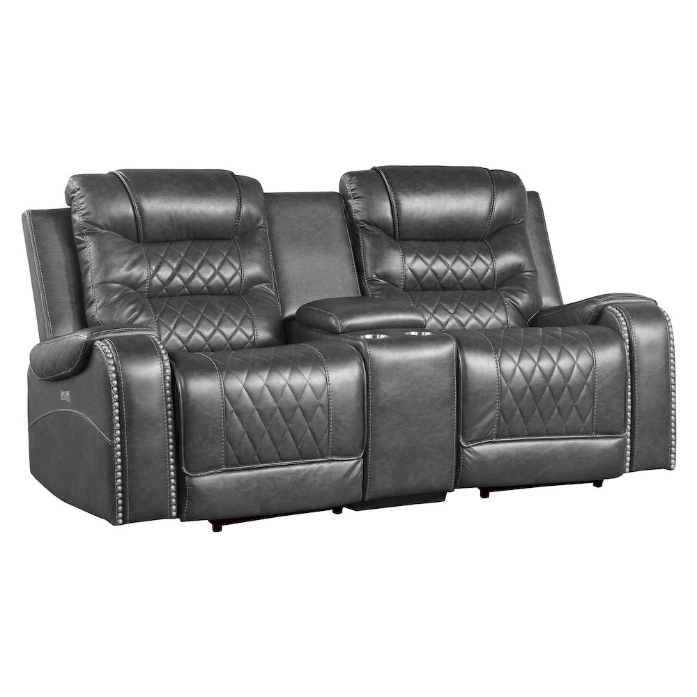 Putnam Faux Leather Power Double Reclining Loveseat In Gray. Picture 1