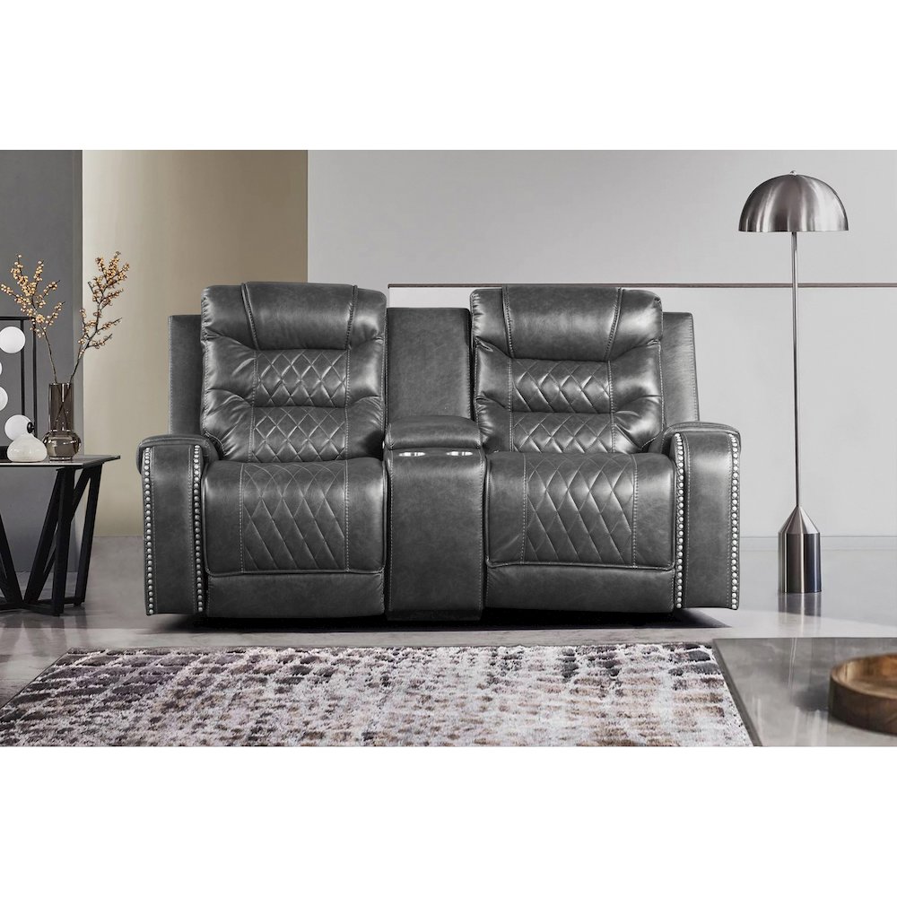 Putnam Faux Leather Power Double Reclining Loveseat In Gray. Picture 2